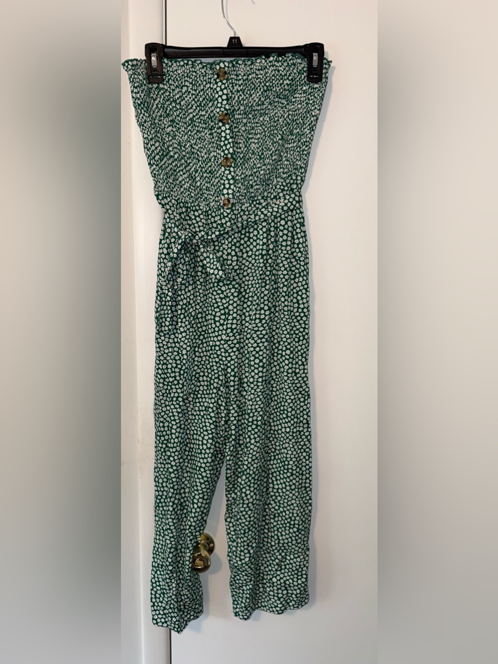 Angashion Green Floral Strapless Jumpsuit Romper Smocked Waist Tie Boho